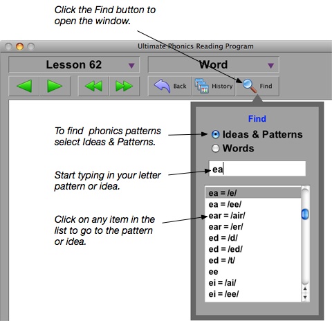 Ultimate Phonics find ideas and patterns window