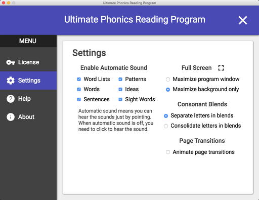 Ultimate Phonics settings